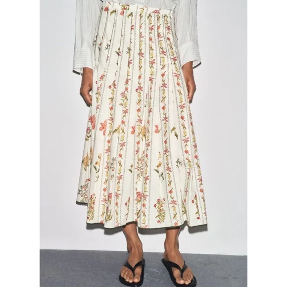 Zara 🔥 Pleated Floral Midi Skirt Botanical Flowy Cottagecore Prairie Cotton XL - Picture 5 of 16